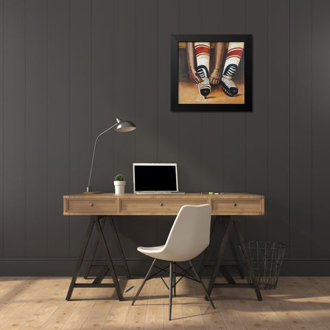 Hockey Player ties his Skates Black Modern Wood Framed Art Print by Atelier B Art Studio