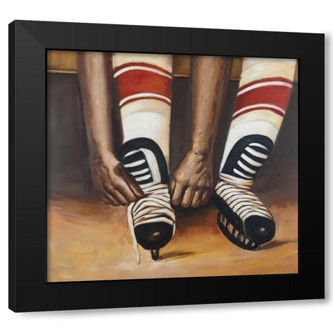 Hockey Player ties his Skates Black Modern Wood Framed Art Print with Double Matting by Atelier B Art Studio