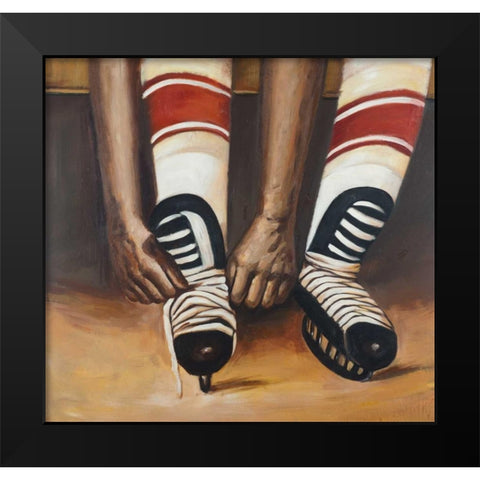 Hockey Player ties his Skates Black Modern Wood Framed Art Print by Atelier B Art Studio