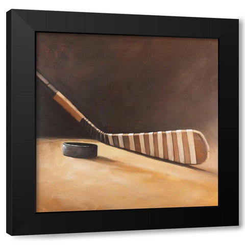 Stick and Hockey Puck Black Modern Wood Framed Art Print with Double Matting by Atelier B Art Studio