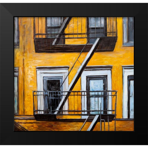 Building Old Fire Escape Black Modern Wood Framed Art Print by Atelier B Art Studio