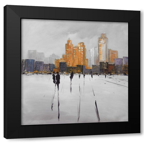 SILHOUETTES WALKING TOWARDS THE CITY Black Modern Wood Framed Art Print with Double Matting by Atelier B Art Studio