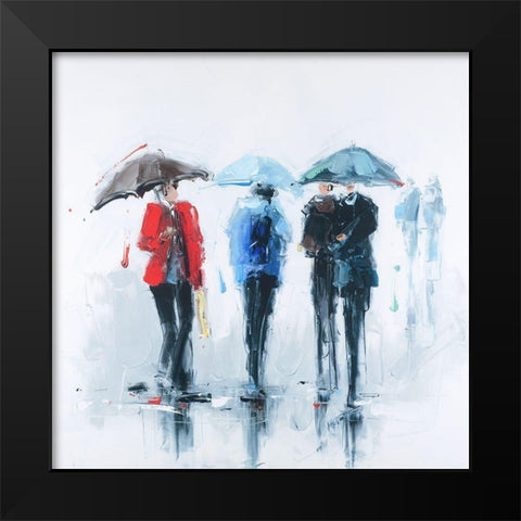 THREE PEOPLE AND THEIR UMBRELLA Black Modern Wood Framed Art Print by Atelier B Art Studio