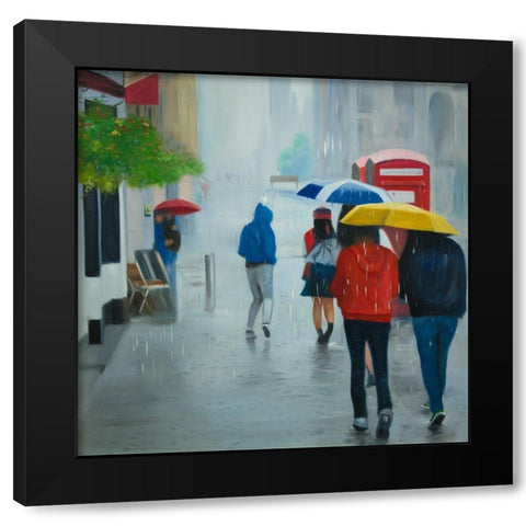 PEOPLE WALKING UNDER UMBRELLA BY A RAINY DAY Black Modern Wood Framed Art Print with Double Matting by Atelier B Art Studio
