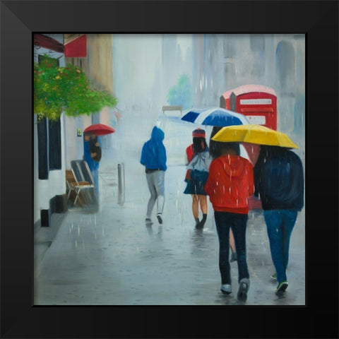 PEOPLE WALKING UNDER UMBRELLA BY A RAINY DAY Black Modern Wood Framed Art Print by Atelier B Art Studio