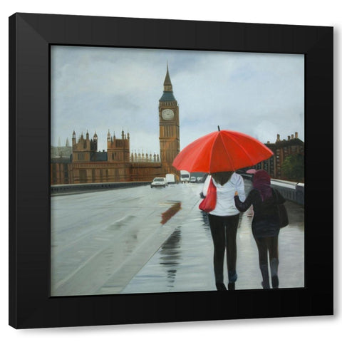 BRITISH UNDER UMBRELLA IN FRONT OF THE BIG BEN Black Modern Wood Framed Art Print with Double Matting by Atelier B Art Studio