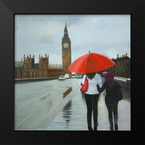 BRITISH UNDER UMBRELLA IN FRONT OF THE BIG BEN Black Modern Wood Framed Art Print by Atelier B Art Studio