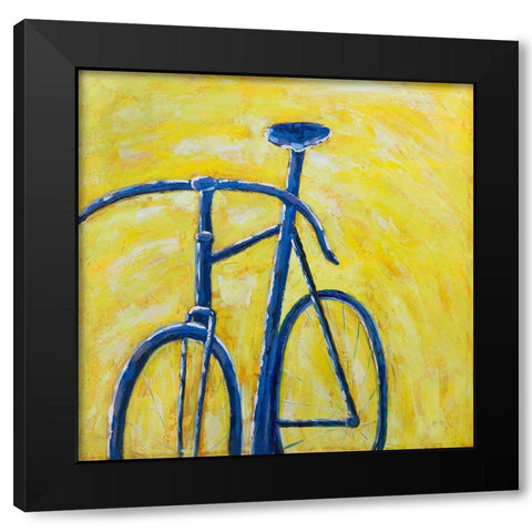 BLUE BIKE ON YELLOW BACKGROUND Black Modern Wood Framed Art Print by Atelier B Art Studio