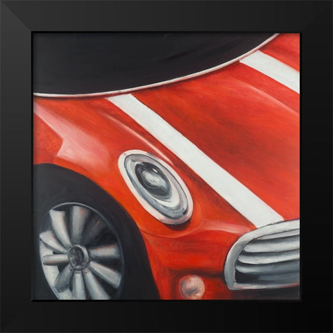 RED CAR WITH WHITE STRIPES CLOSEUP Black Modern Wood Framed Art Print by Atelier B Art Studio