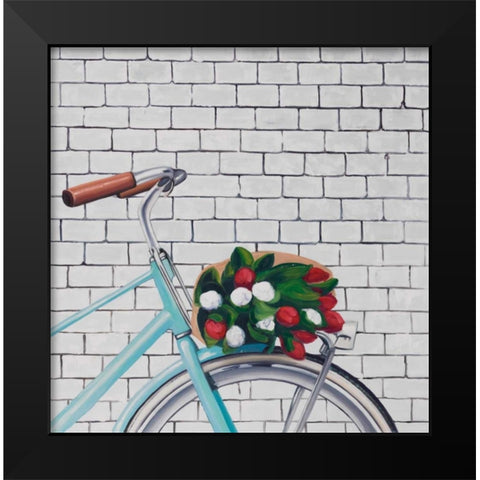 Bicycle with a Bouquet of Tulips Black Modern Wood Framed Art Print by Atelier B Art Studio