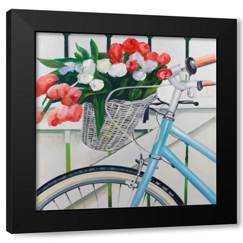 Bicycle with Tulips Flowers in Basket Black Modern Wood Framed Art Print with Double Matting by Atelier B Art Studio