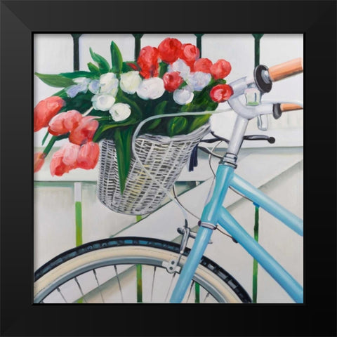 Bicycle with Tulips Flowers in Basket Black Modern Wood Framed Art Print by Atelier B Art Studio