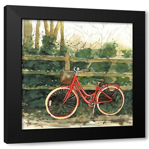 RIDING IN THE WOODS BY BICYCLE Black Modern Wood Framed Art Print by Atelier B Art Studio