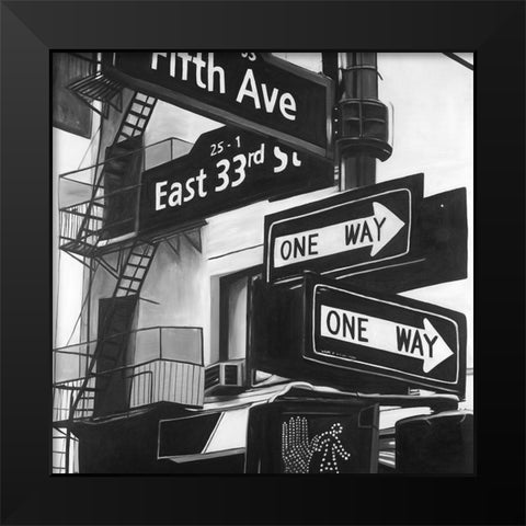 New York City Signs in Front of an Appartment Black Modern Wood Framed Art Print by Atelier B Art Studio