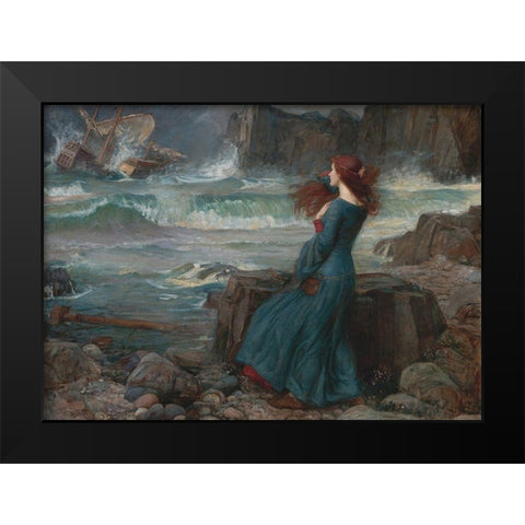 Miranda, The Tempest Black Modern Wood Framed Art Print by Waterhouse, J. W.