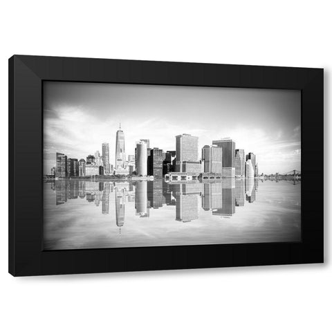 New York Downtown Cityscape Black Modern Wood Framed Art Print with Double Matting by Anon.