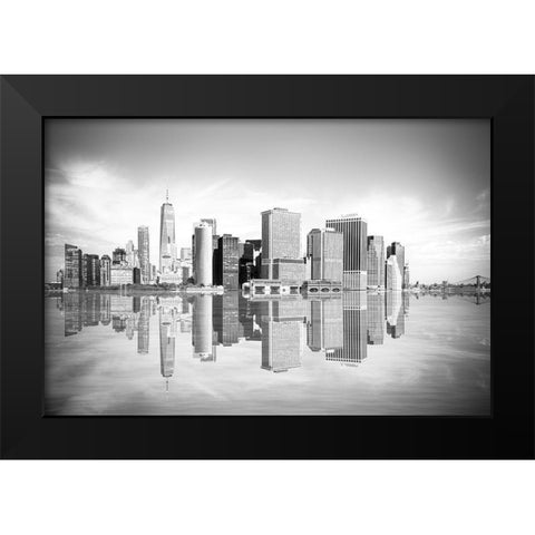 New York Downtown Cityscape Black Modern Wood Framed Art Print by Anon.
