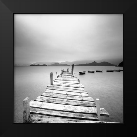 Pier at the Autumn River Black Modern Wood Framed Art Print by Cho Pan, Leung