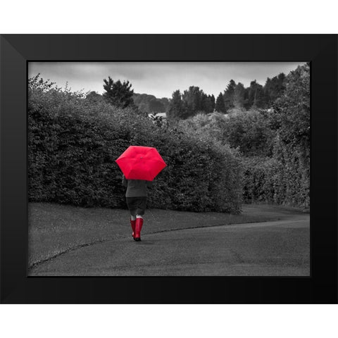 Red Boots and Umbrella Black Modern Wood Framed Art Print by Anonymous