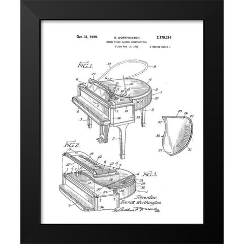Piano Diagram Black Modern Wood Framed Art Print by Anonymous