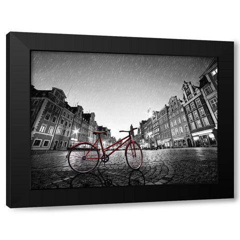Red Bike on Cobble Stone Street Black Modern Wood Framed Art Print by Bednarek, M.