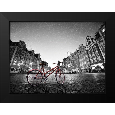 Red Bike on Cobble Stone Street Black Modern Wood Framed Art Print by Bednarek, M.