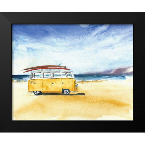 Yellow Minivan with Surfboards Black Modern Wood Framed Art Print by Anonymous