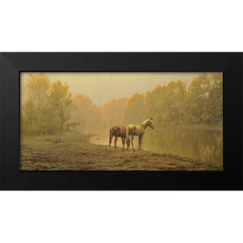Horses in the Fog Black Modern Wood Framed Art Print by Adamov, Alexey