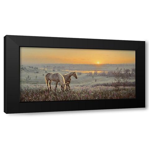 Horses by Sunrise Black Modern Wood Framed Art Print by Adamov, Alexey