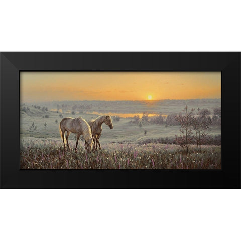Horses by Sunrise Black Modern Wood Framed Art Print by Adamov, Alexey