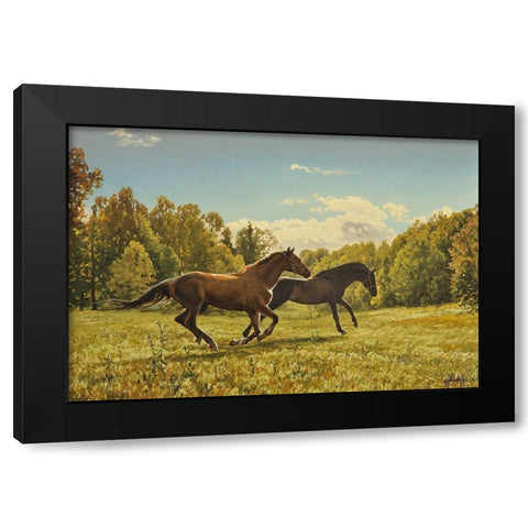 Running Horses II Black Modern Wood Framed Art Print with Double Matting by Adamov, Alexey
