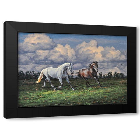 Horses after the Rain Black Modern Wood Framed Art Print by Adamov, Alexey