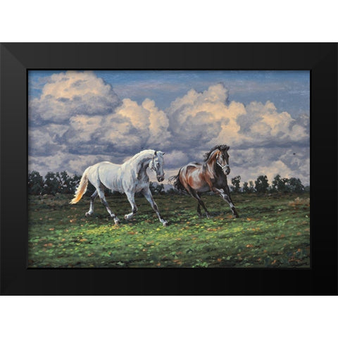 Horses after the Rain Black Modern Wood Framed Art Print by Adamov, Alexey