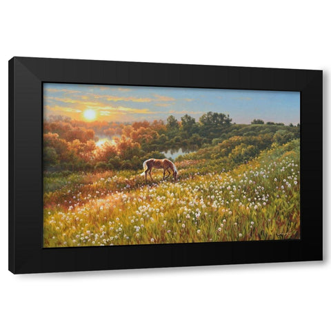 Horse by Sunrise Black Modern Wood Framed Art Print by Adamov, Alexey