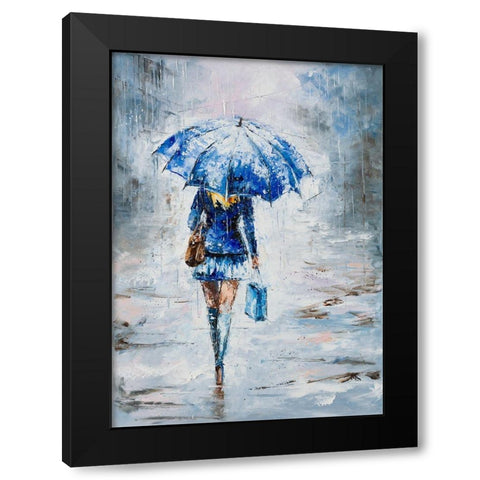 Lady in Blue with Umbrella Black Modern Wood Framed Art Print by Kowalik, Jolanta