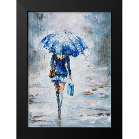 Lady in Blue with Umbrella Black Modern Wood Framed Art Print by Kowalik, Jolanta