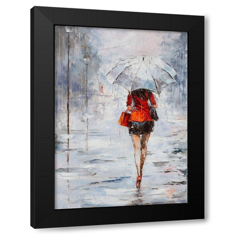 Lady in Red with Umbrella Black Modern Wood Framed Art Print by Kowalik, Jolanta