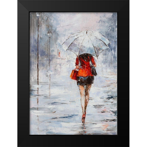 Lady in Red with Umbrella Black Modern Wood Framed Art Print by Kowalik, Jolanta