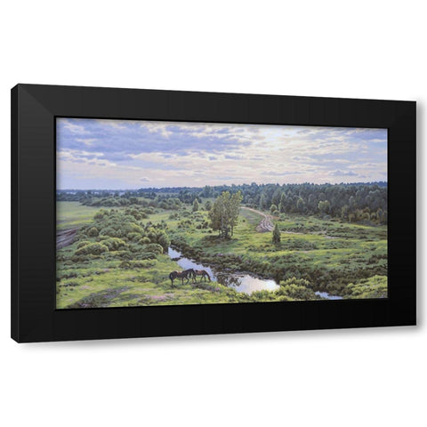 Landscape with River Black Modern Wood Framed Art Print by Adamov, Alexey
