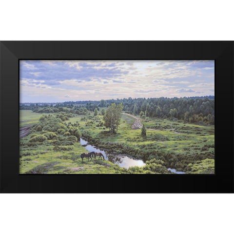 Landscape with River Black Modern Wood Framed Art Print by Adamov, Alexey