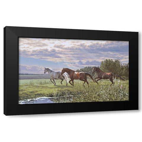 Three Running Horses Black Modern Wood Framed Art Print with Double Matting by Adamov, Alexey
