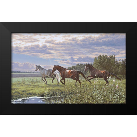 Three Running Horses Black Modern Wood Framed Art Print by Adamov, Alexey