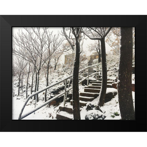 Jerome Snowy Stairs I Black Modern Wood Framed Art Print by Popcorn