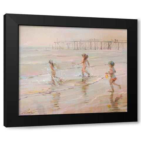 Children and the ocean Black Modern Wood Framed Art Print by Romanov, Roman