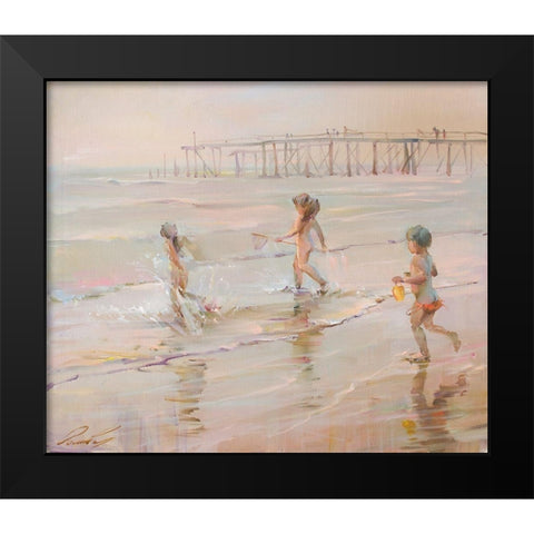 Children and the ocean Black Modern Wood Framed Art Print by Romanov, Roman
