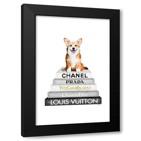 Corgi Bookstack Black Modern Wood Framed Art Print with Double Matting by Amanda Greenwood