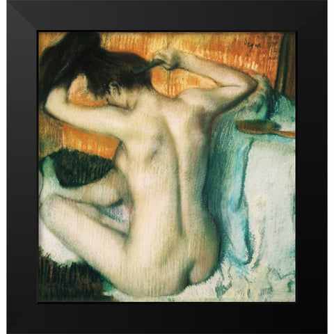 Woman Combing her Hair Black Modern Wood Framed Art Print by Degas, Edgar