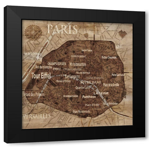 Map of Paris Black Modern Wood Framed Art Print by Wilson, Luke