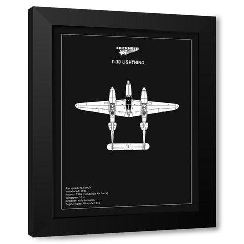 BP Lockheed P38 Lightning Black  Black Modern Wood Framed Art Print by Rogan, Mark