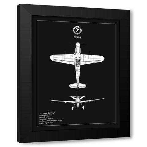 BP Messerschmitt ME 109 Black  Black Modern Wood Framed Art Print by Rogan, Mark